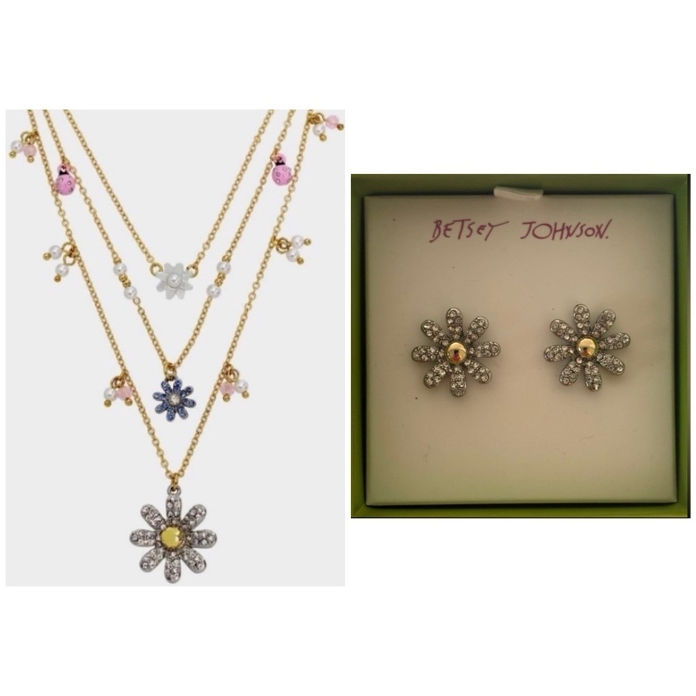 BETSEY JOHNSON SET Three Tier Daisy & Ladybug Necklace & Matching Earrings NWT
